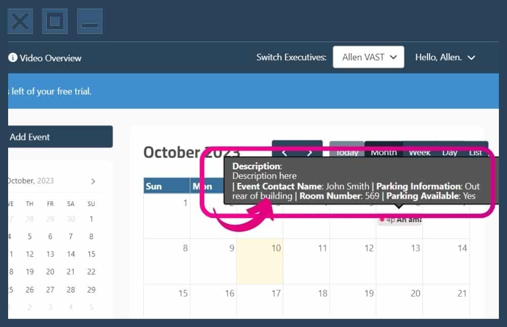 Screenshot of the VAST calendar interface with a pop up that shows the event details.