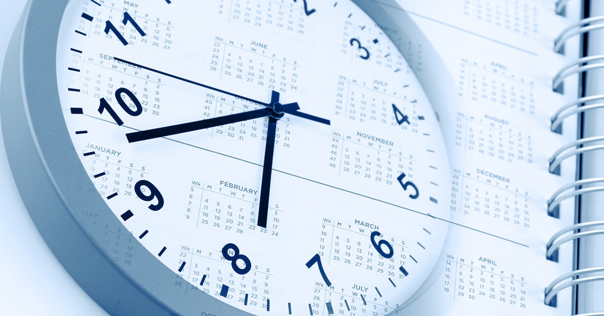 The image shows a close-up of an analog clock superimposed over a calendar planner. The clock's hands indicate a time near 10:10, while the calendar displays months and dates, symbolizing the themes of time management, scheduling, and planning.