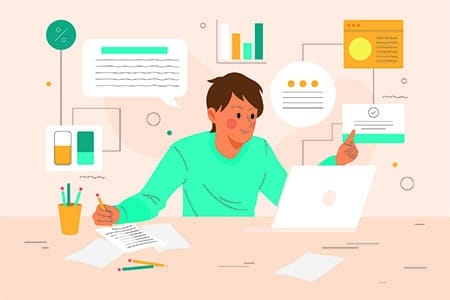 The image is an illustration of a person working on a laptop, surrounded by floating icons representing data, charts, text, and interface elements. The scene suggests productivity, efficiency, and multitasking, likely symbolizing digital work, research, or content creation. Let me know if you need a detailed description or an alt text suggestion for accessibility purposes.
